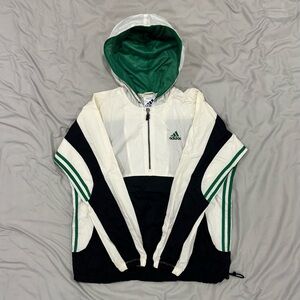 Vintage Adidas Zip Up Windbreaker Black Green And White Hooded Jacket Fleece